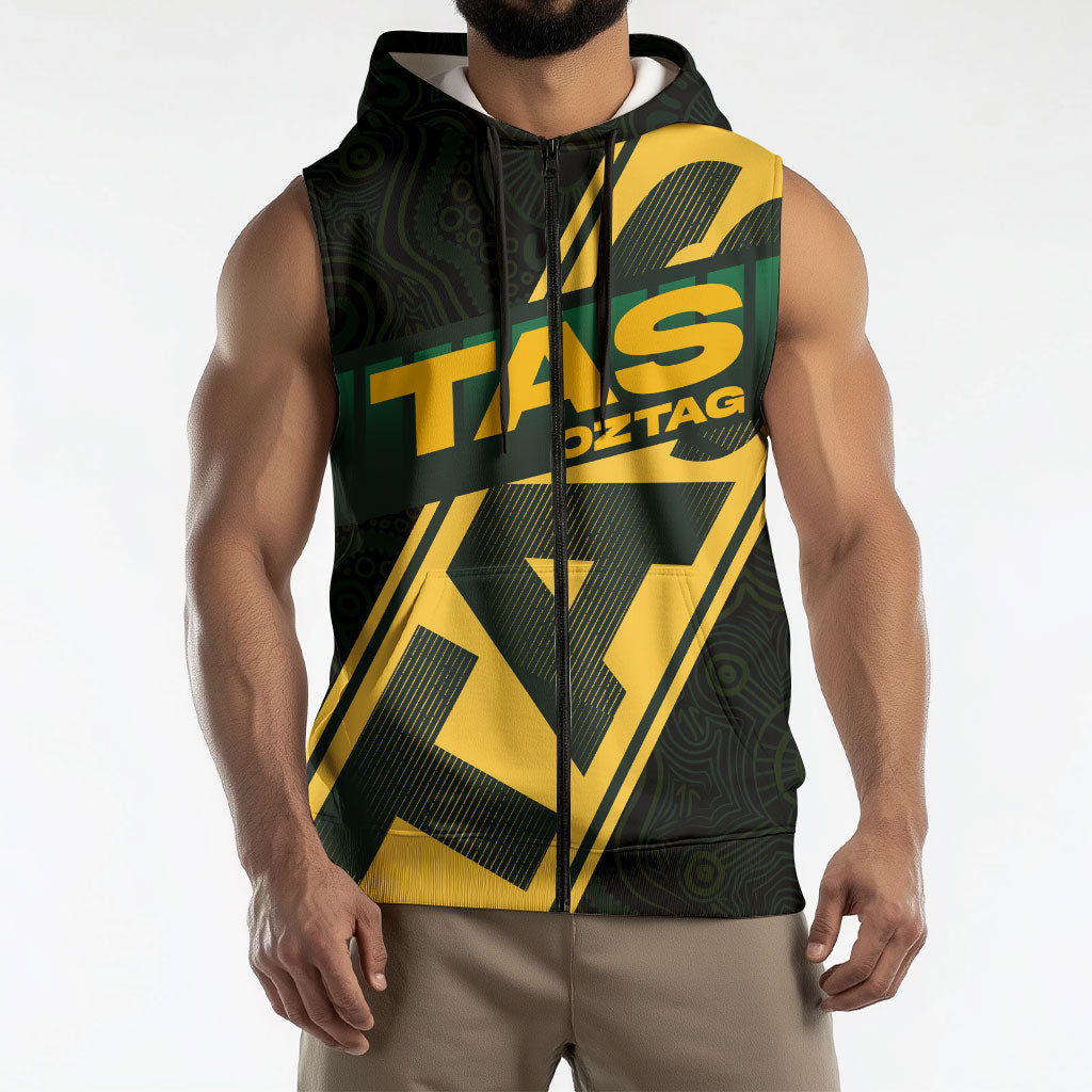 Personalised Tasmania Oztag Sleeveless Zip Hoodie Black Gold Aboriginal Pattern