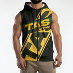 Personalised Tasmania Oztag Sleeveless Zip Hoodie Black Gold Aboriginal Pattern