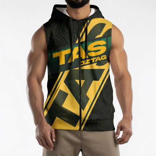 Personalised Tasmania Oztag Sleeveless Zip Hoodie Black Gold Aboriginal Pattern