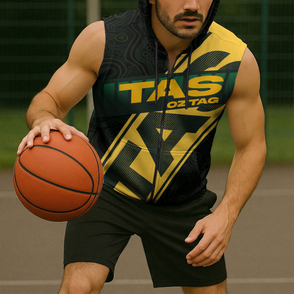 Personalised Tasmania Oztag Sleeveless Zip Hoodie Black Gold Aboriginal Pattern