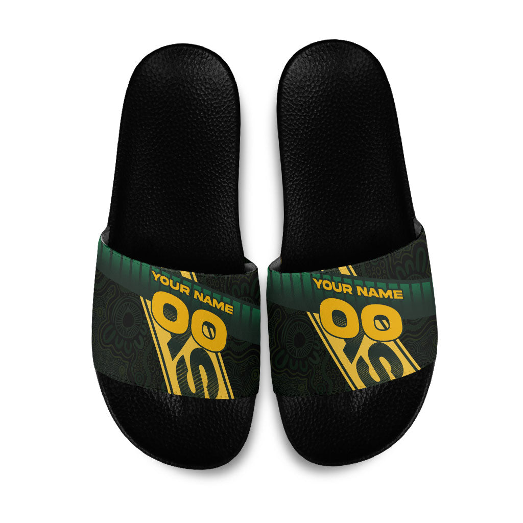 Personalised Tasmania Oztag Slide Sandals Black Gold Aboriginal Pattern