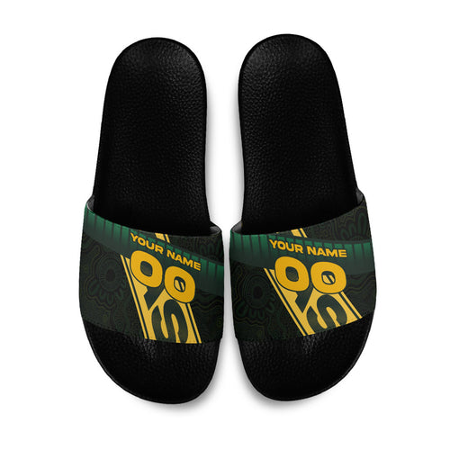 Personalised Tasmania Oztag Slide Sandals Black Gold Aboriginal Pattern