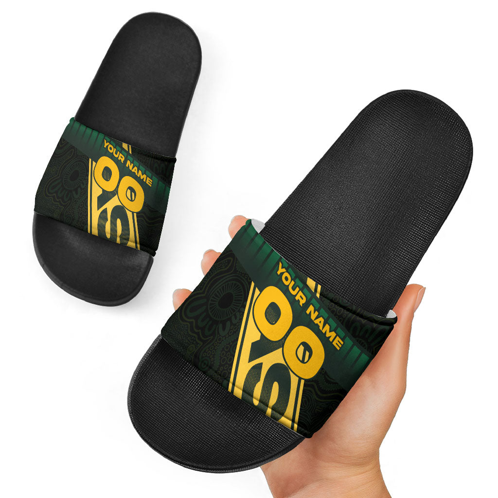 Personalised Tasmania Oztag Slide Sandals Black Gold Aboriginal Pattern