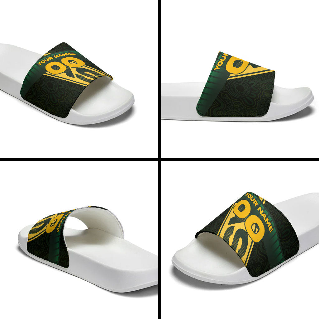 Personalised Tasmania Oztag Slide Sandals Black Gold Aboriginal Pattern