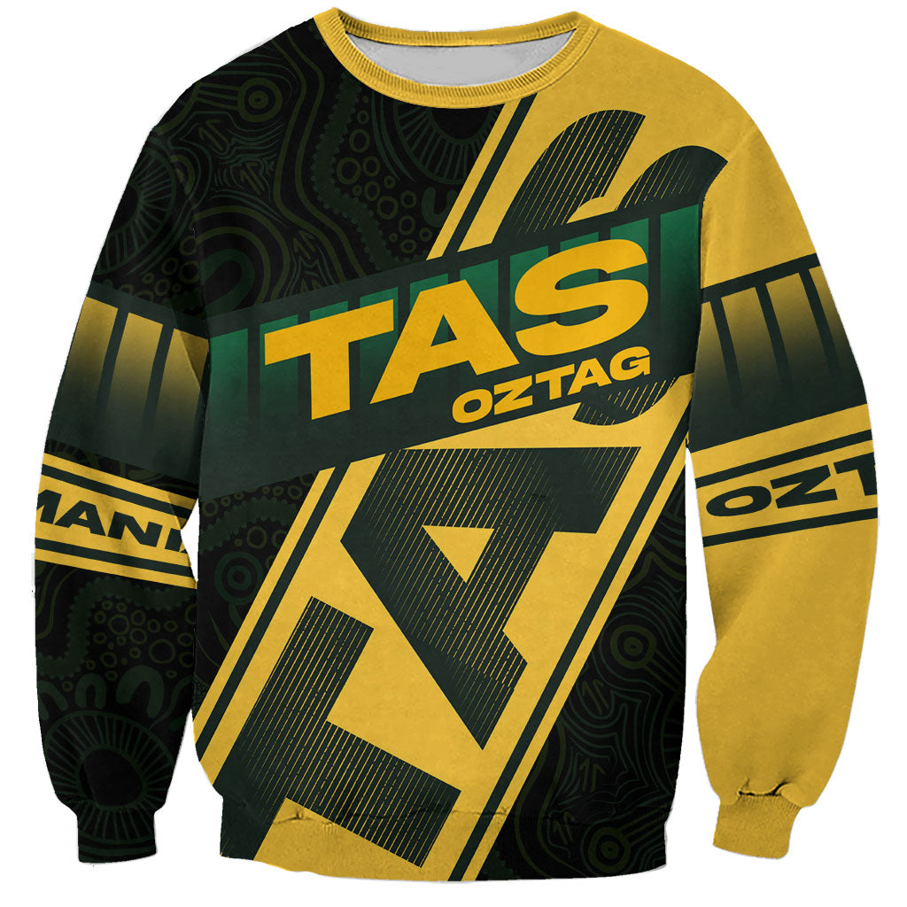 Personalised Tasmania Oztag Sweatshirt Black Gold Aboriginal Pattern