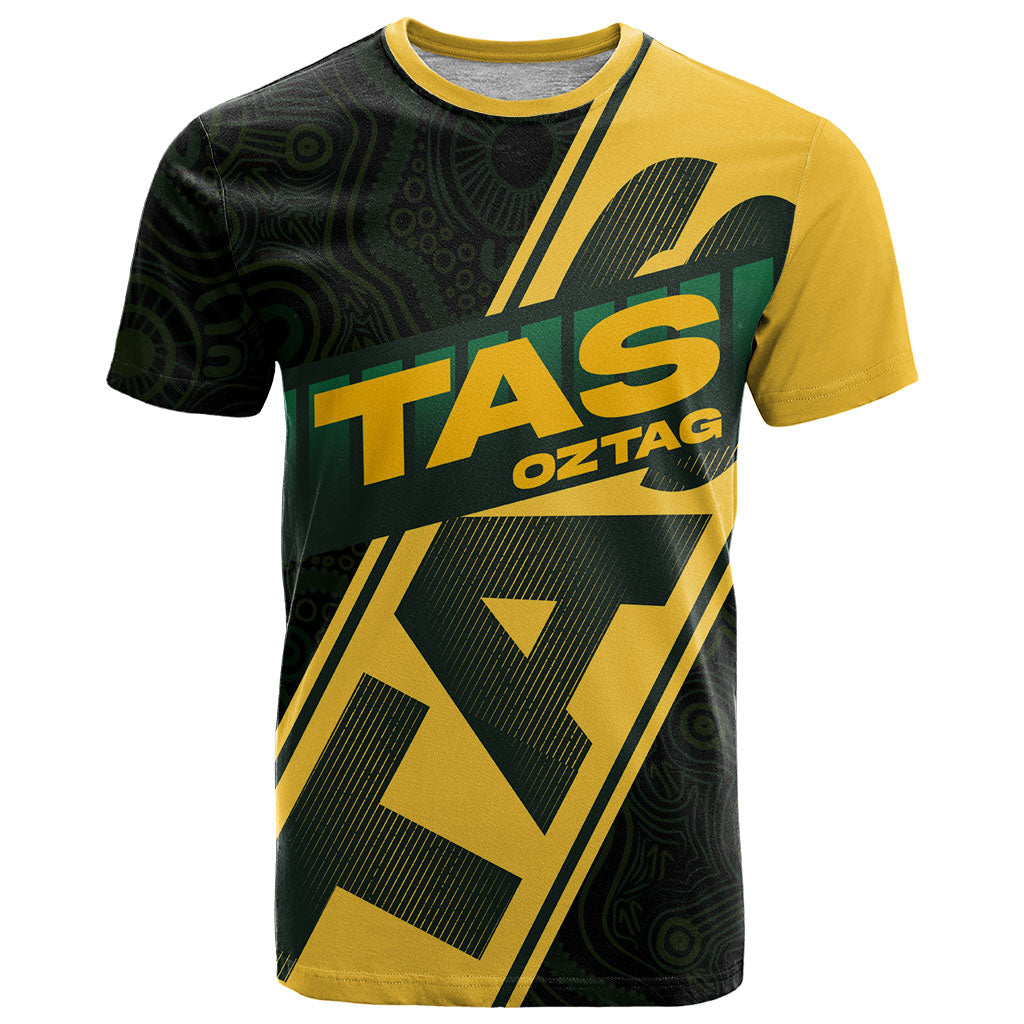 Personalised Tasmania Oztag T Shirt Black Gold Aboriginal Pattern
