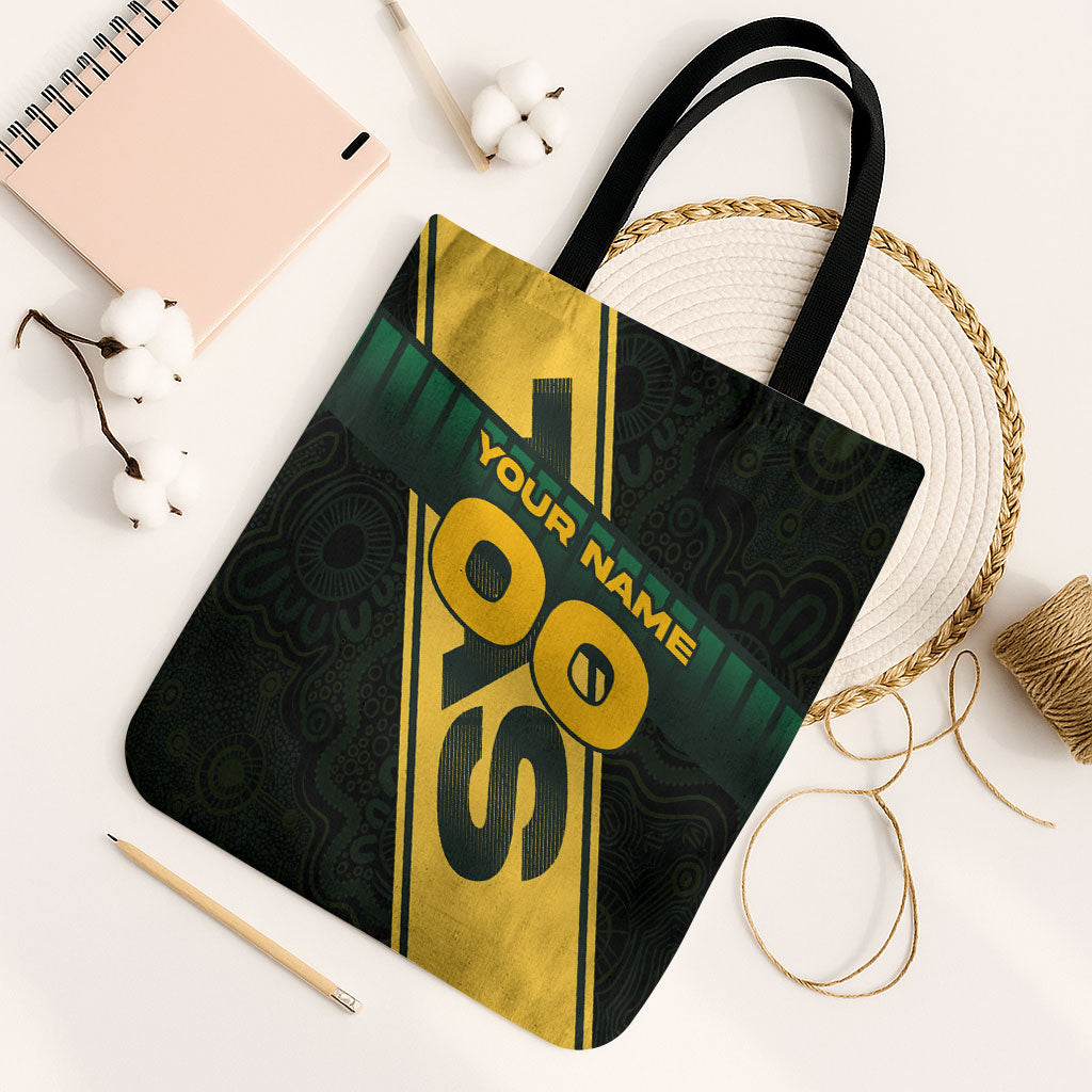 Personalised Tasmania Oztag Tote Bag Black Gold Aboriginal Pattern