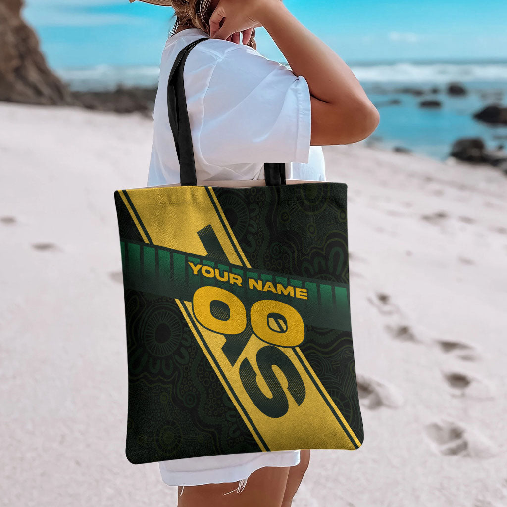 Personalised Tasmania Oztag Tote Bag Black Gold Aboriginal Pattern