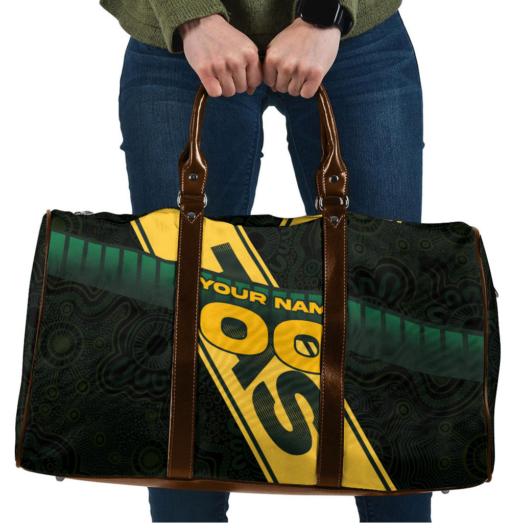 Personalised Tasmania Oztag Travel Bag Black Gold Aboriginal Pattern