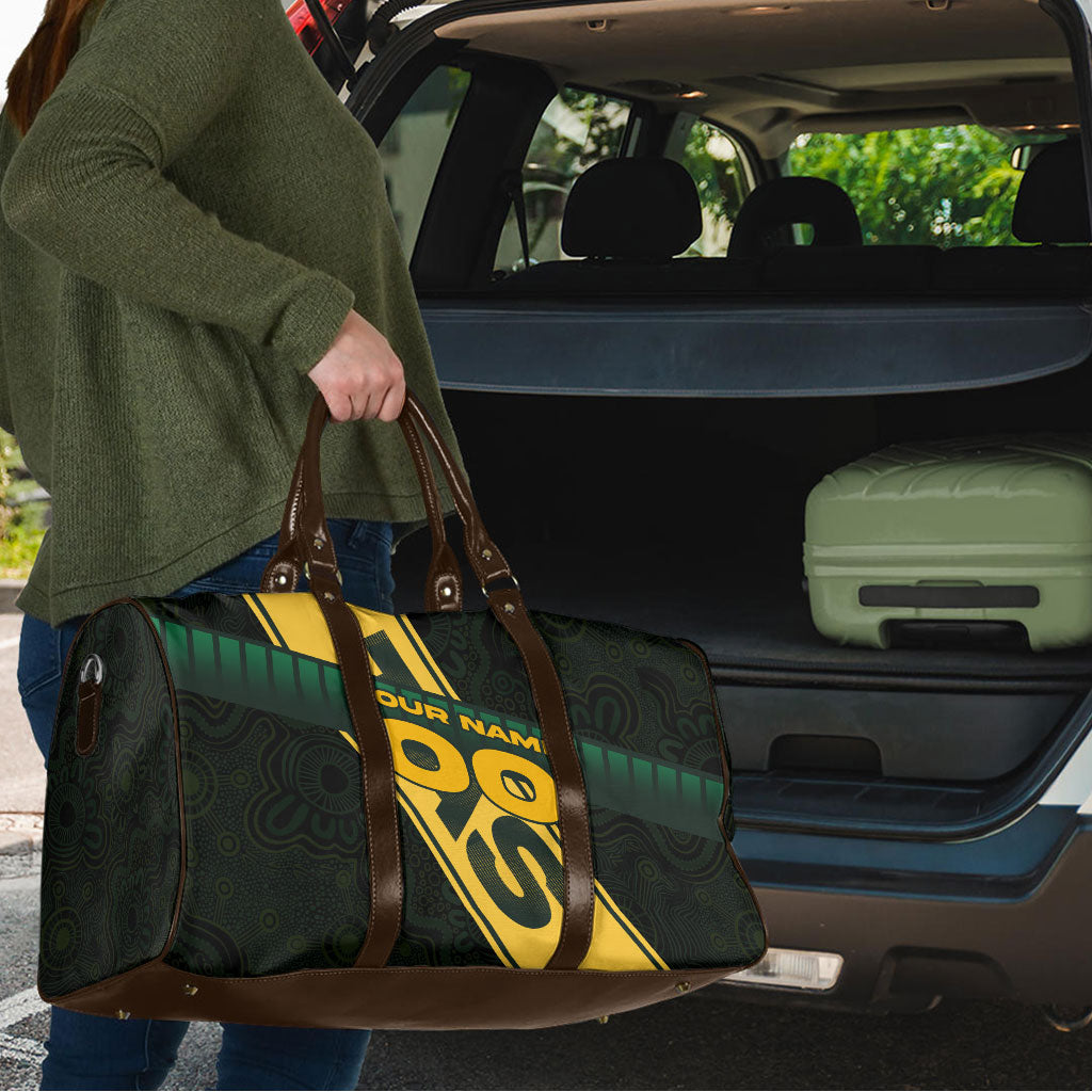 Personalised Tasmania Oztag Travel Bag Black Gold Aboriginal Pattern