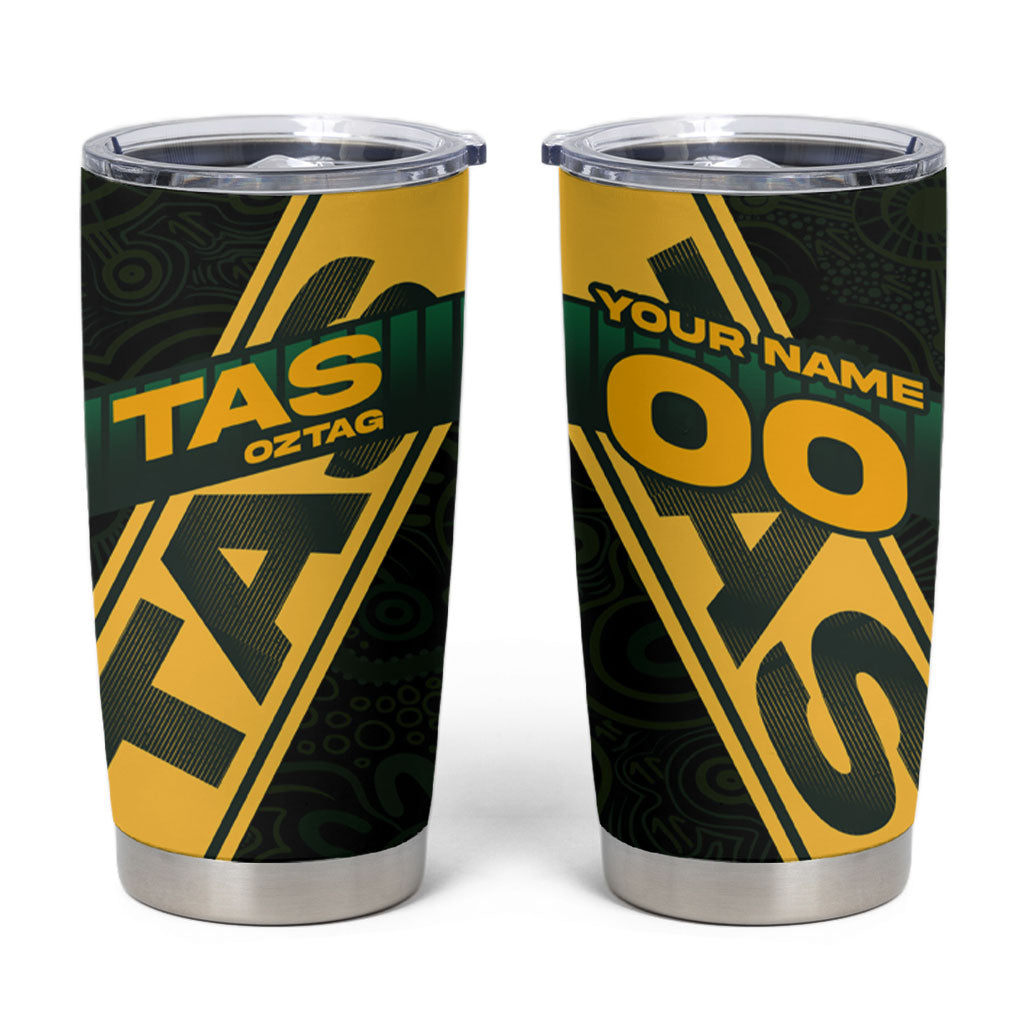 Personalised Tasmania Oztag Tumbler Cup Black Gold Aboriginal Pattern