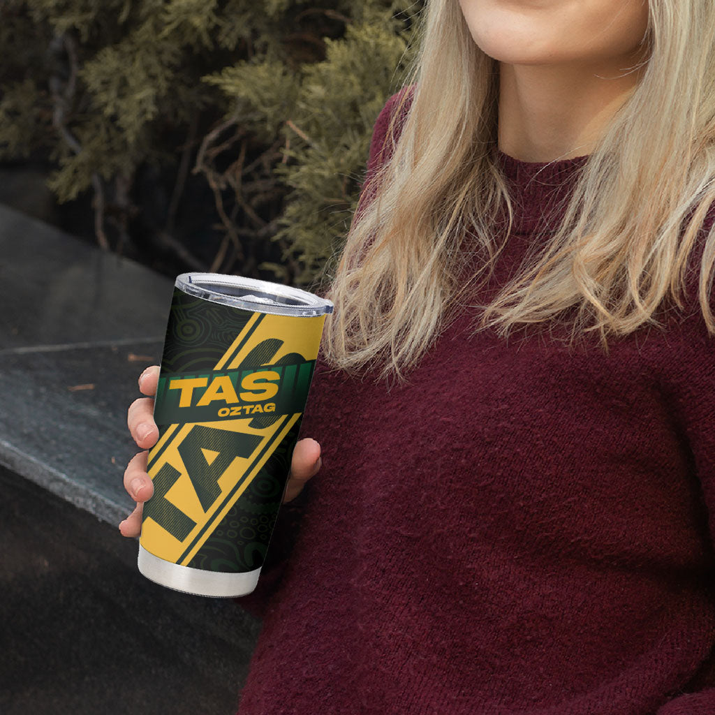 Personalised Tasmania Oztag Tumbler Cup Black Gold Aboriginal Pattern