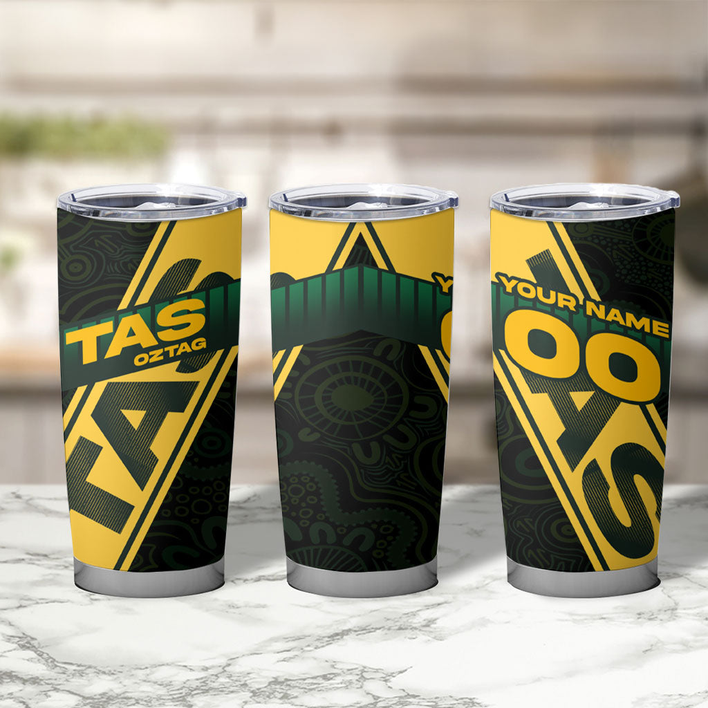 Personalised Tasmania Oztag Tumbler Cup Black Gold Aboriginal Pattern