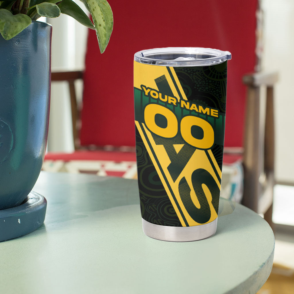 Personalised Tasmania Oztag Tumbler Cup Black Gold Aboriginal Pattern