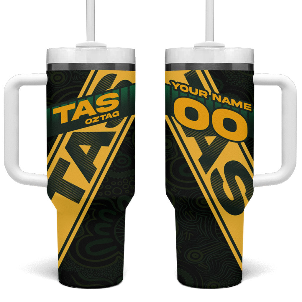 Personalised Tasmania Oztag Tumbler With Handle Black Gold Aboriginal Pattern