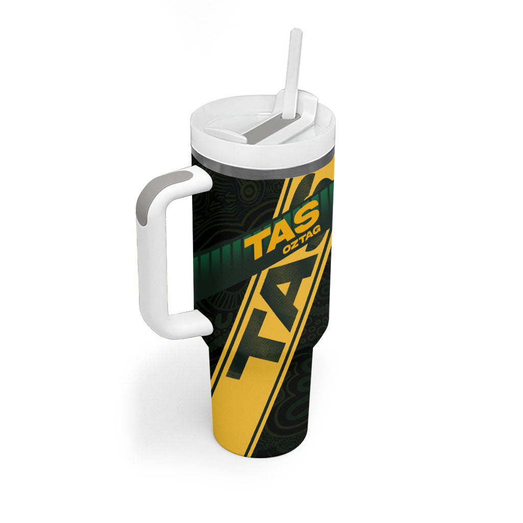 Personalised Tasmania Oztag Tumbler With Handle Black Gold Aboriginal Pattern