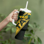 Personalised Tasmania Oztag Tumbler With Handle Black Gold Aboriginal Pattern