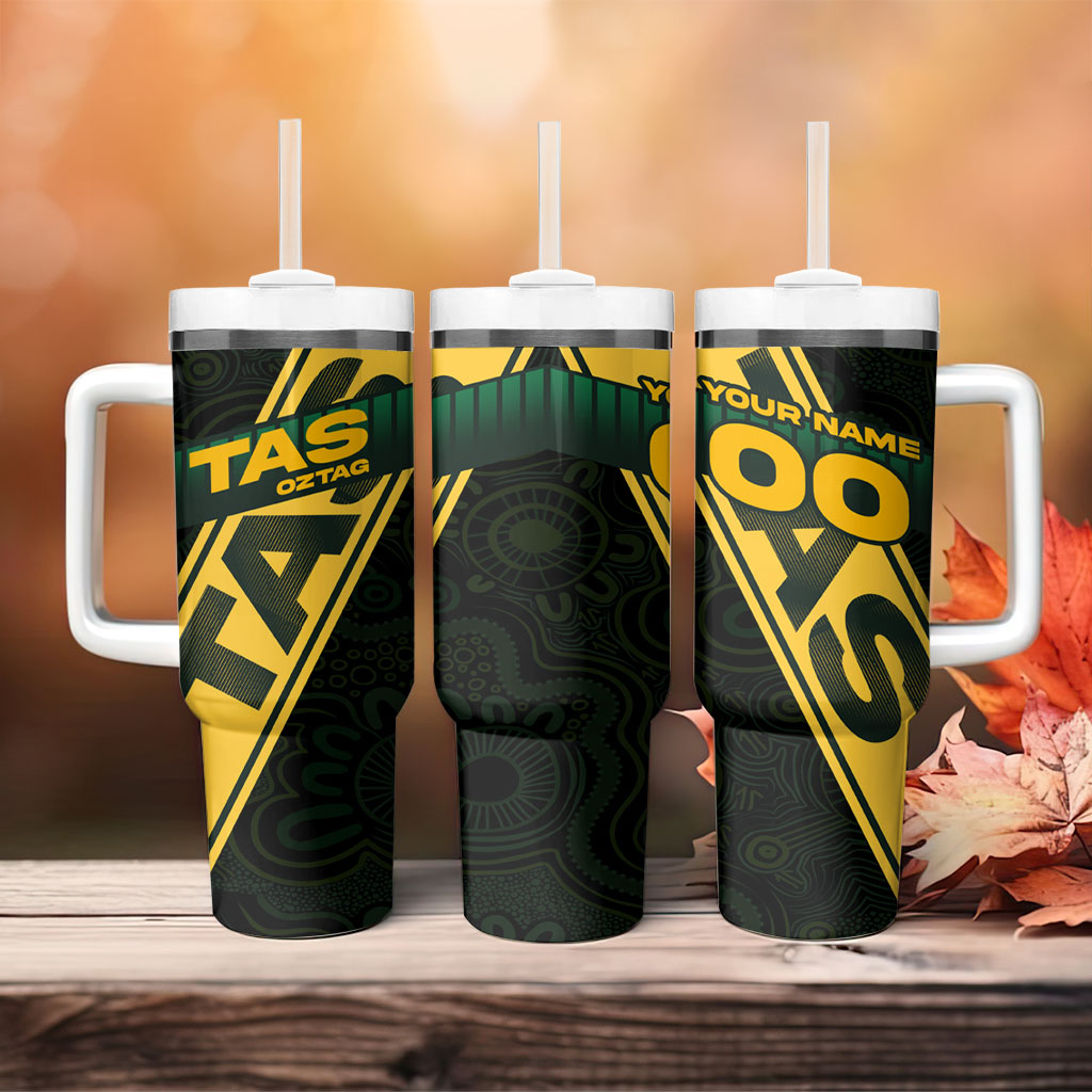 Personalised Tasmania Oztag Tumbler With Handle Black Gold Aboriginal Pattern