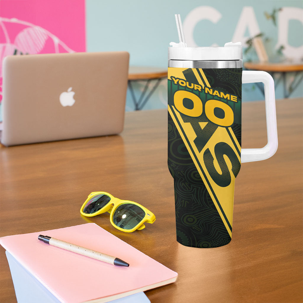 Personalised Tasmania Oztag Tumbler With Handle Black Gold Aboriginal Pattern