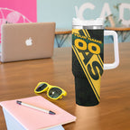 Personalised Tasmania Oztag Tumbler With Handle Black Gold Aboriginal Pattern