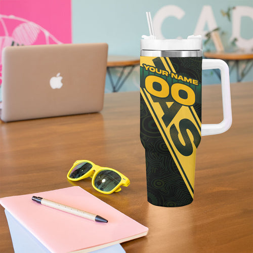 Personalised Tasmania Oztag Tumbler With Handle Black Gold Aboriginal Pattern