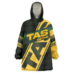 Personalised Tasmania Oztag Wearable Blanket Hoodie Black Gold Aboriginal Pattern