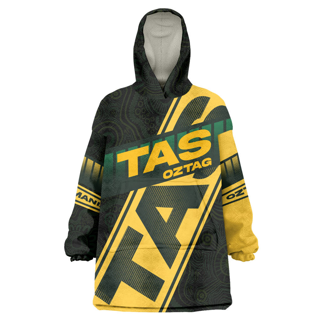 Personalised Tasmania Oztag Wearable Blanket Hoodie Black Gold Aboriginal Pattern