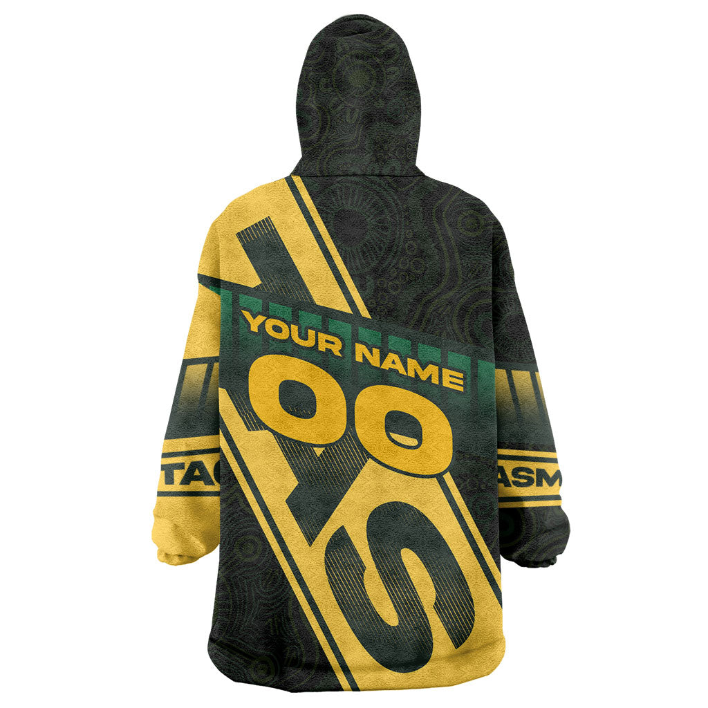 Personalised Tasmania Oztag Wearable Blanket Hoodie Black Gold Aboriginal Pattern