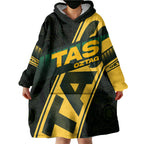 Personalised Tasmania Oztag Wearable Blanket Hoodie Black Gold Aboriginal Pattern