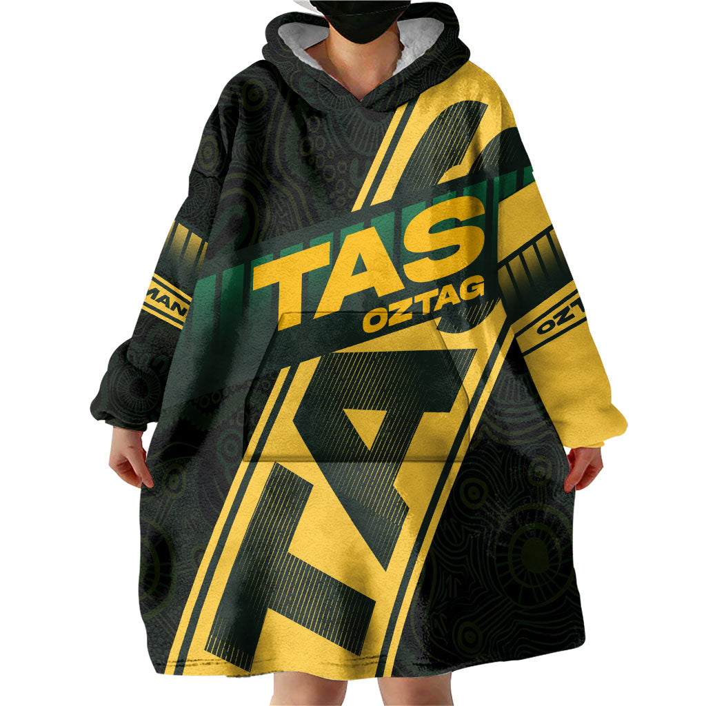Personalised Tasmania Oztag Wearable Blanket Hoodie Black Gold Aboriginal Pattern