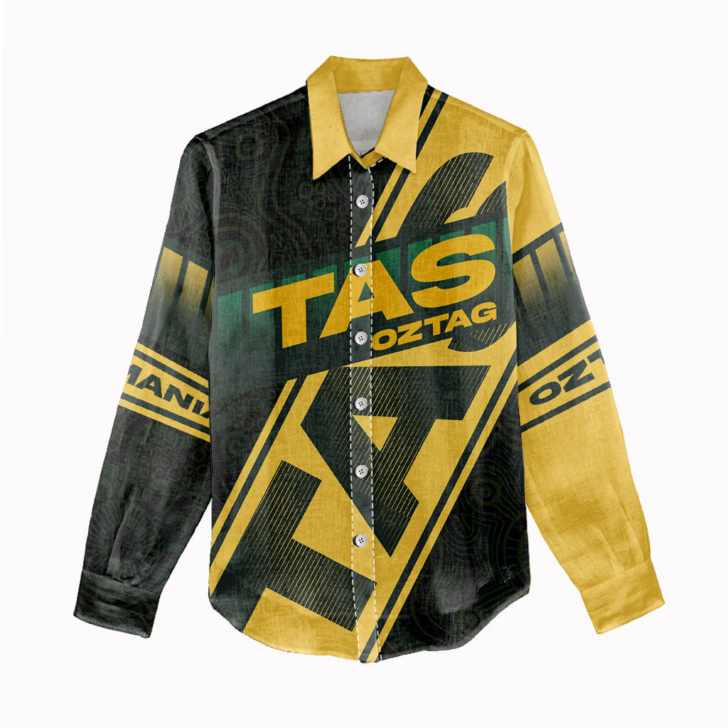 Personalised Tasmania Oztag Women Casual Shirt Black Gold Aboriginal Pattern