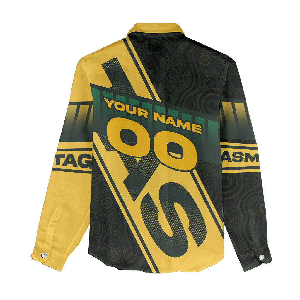 Personalised Tasmania Oztag Women Casual Shirt Black Gold Aboriginal Pattern