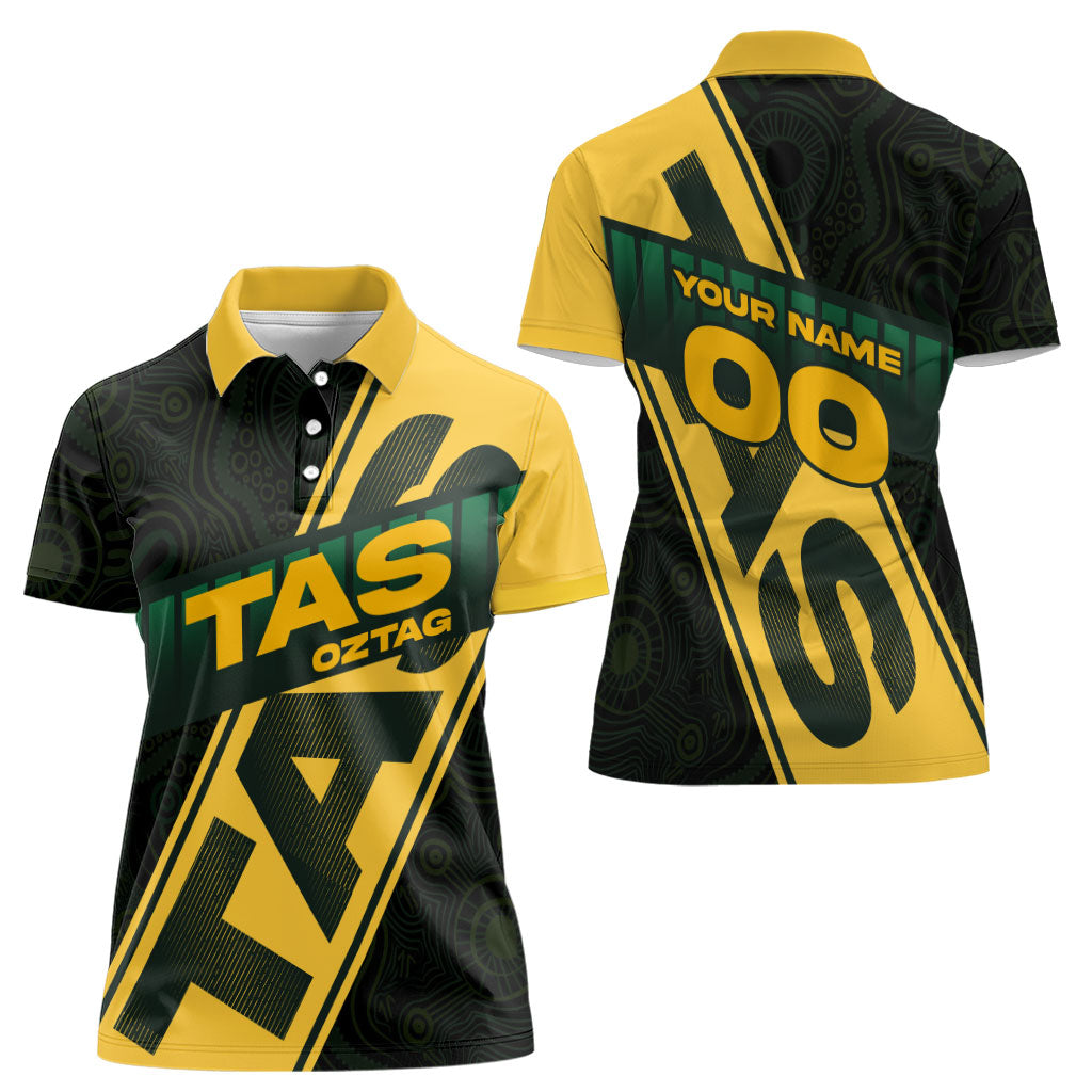 Personalised Tasmania Oztag Women Polo Shirt Black Gold Aboriginal Pattern