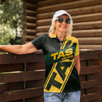 Personalised Tasmania Oztag Women Polo Shirt Black Gold Aboriginal Pattern