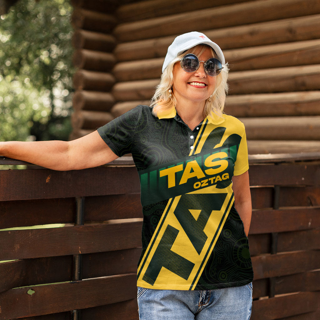 Personalised Tasmania Oztag Women Polo Shirt Black Gold Aboriginal Pattern