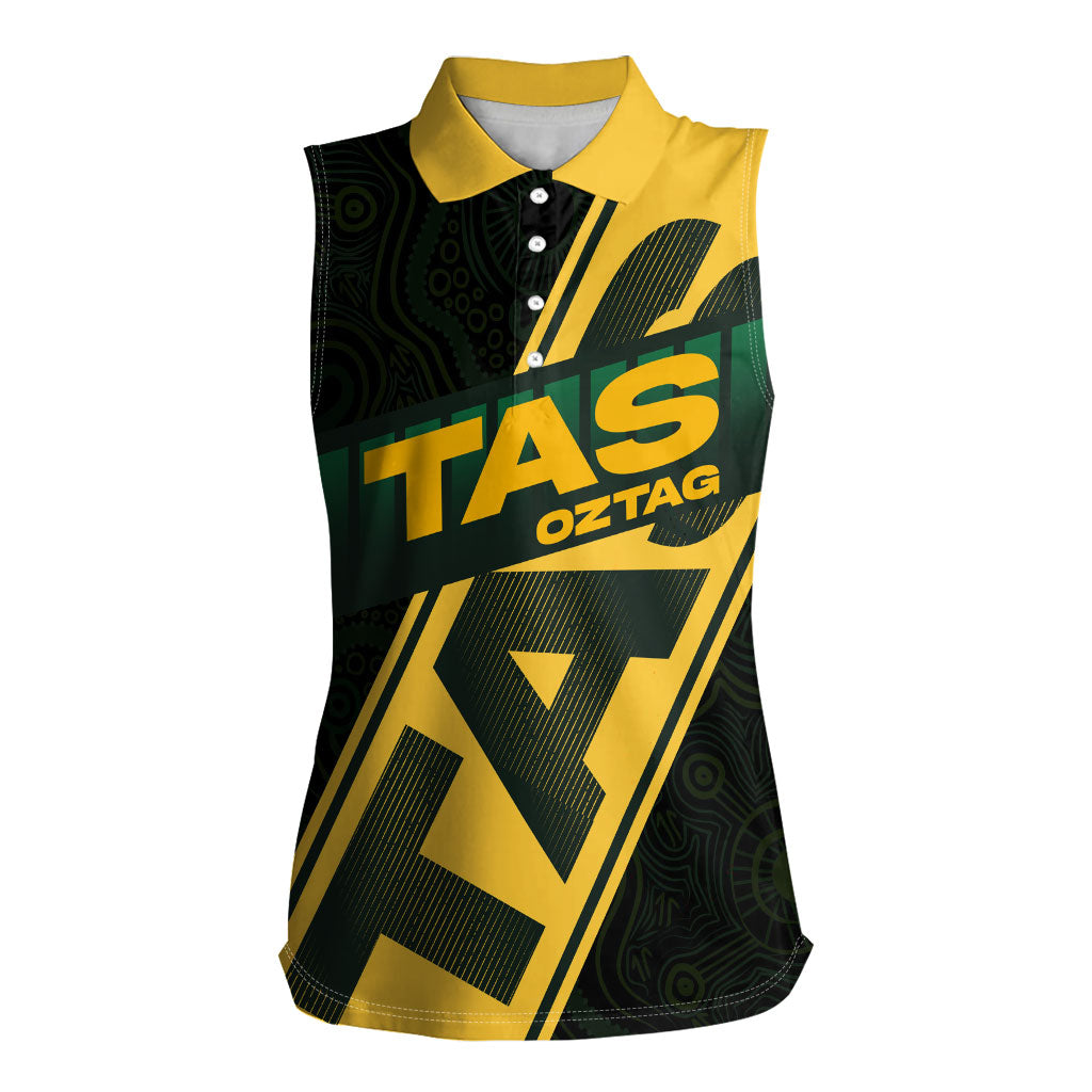 Personalised Tasmania Oztag Women Sleeveless Polo Shirt Black Gold Aboriginal Pattern