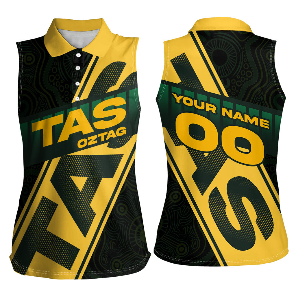 Personalised Tasmania Oztag Women Sleeveless Polo Shirt Black Gold Aboriginal Pattern