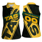 Personalised Tasmania Oztag Women Sleeveless Polo Shirt Black Gold Aboriginal Pattern