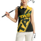 Personalised Tasmania Oztag Women Sleeveless Polo Shirt Black Gold Aboriginal Pattern