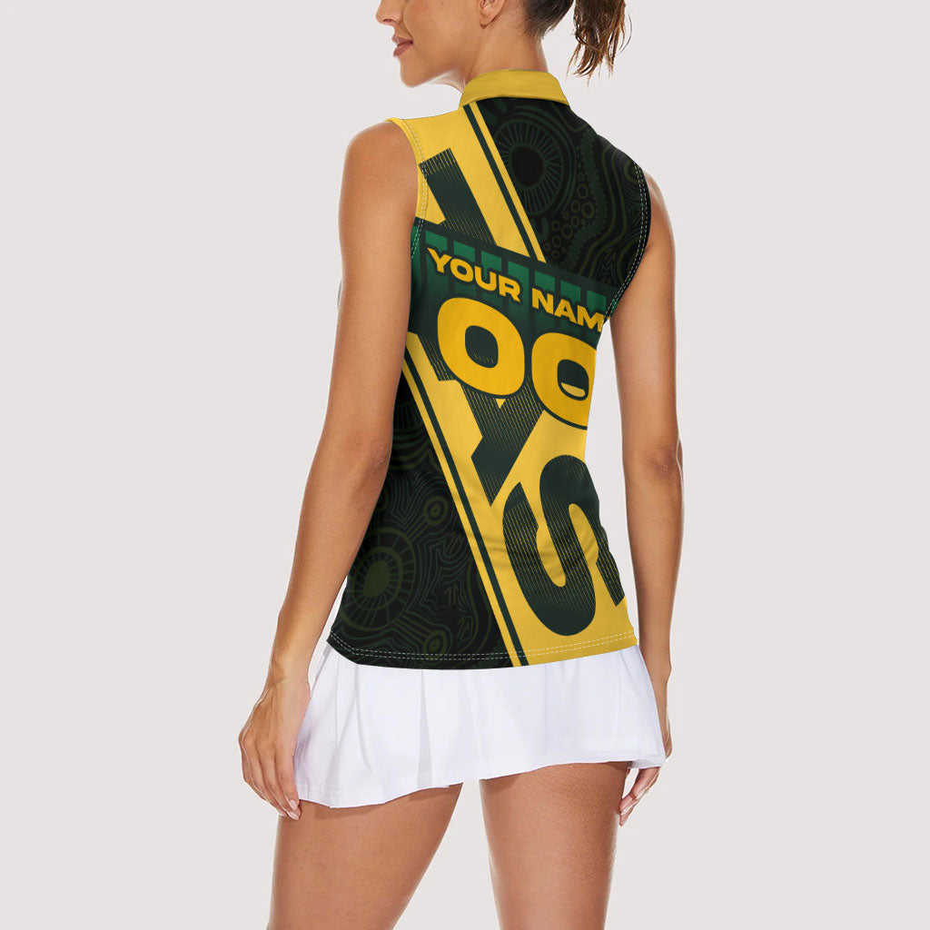 Personalised Tasmania Oztag Women Sleeveless Polo Shirt Black Gold Aboriginal Pattern