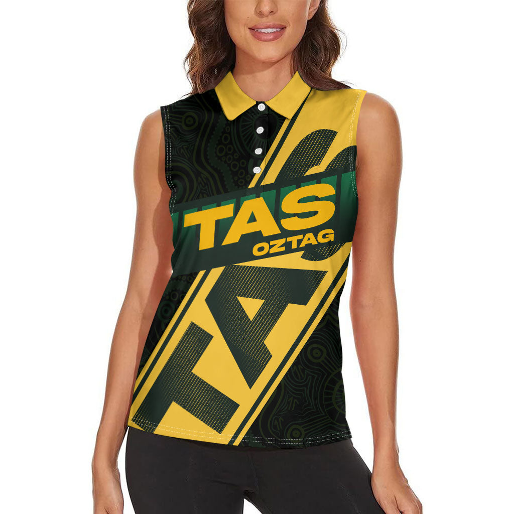 Personalised Tasmania Oztag Women Sleeveless Polo Shirt Black Gold Aboriginal Pattern