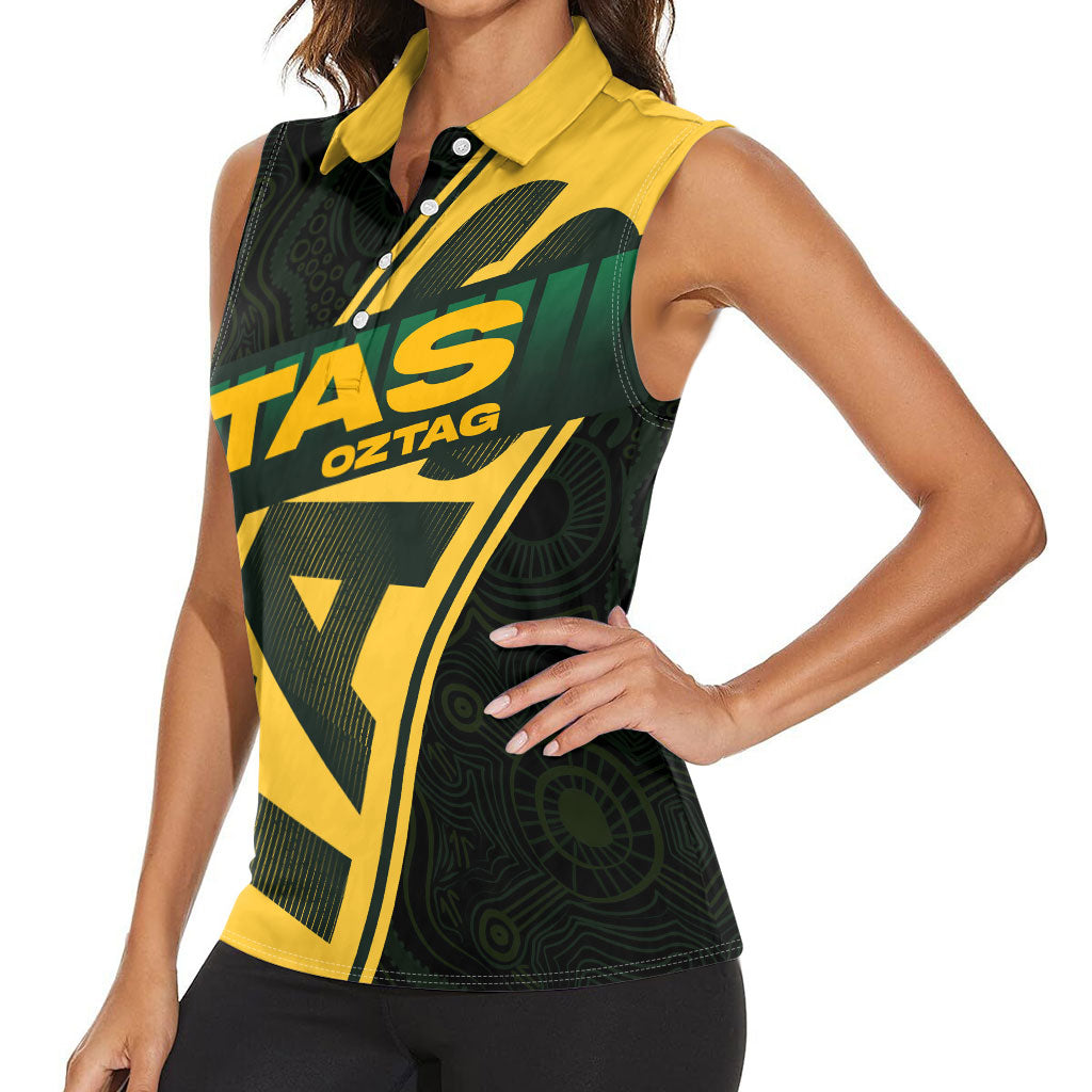 Personalised Tasmania Oztag Women Sleeveless Polo Shirt Black Gold Aboriginal Pattern