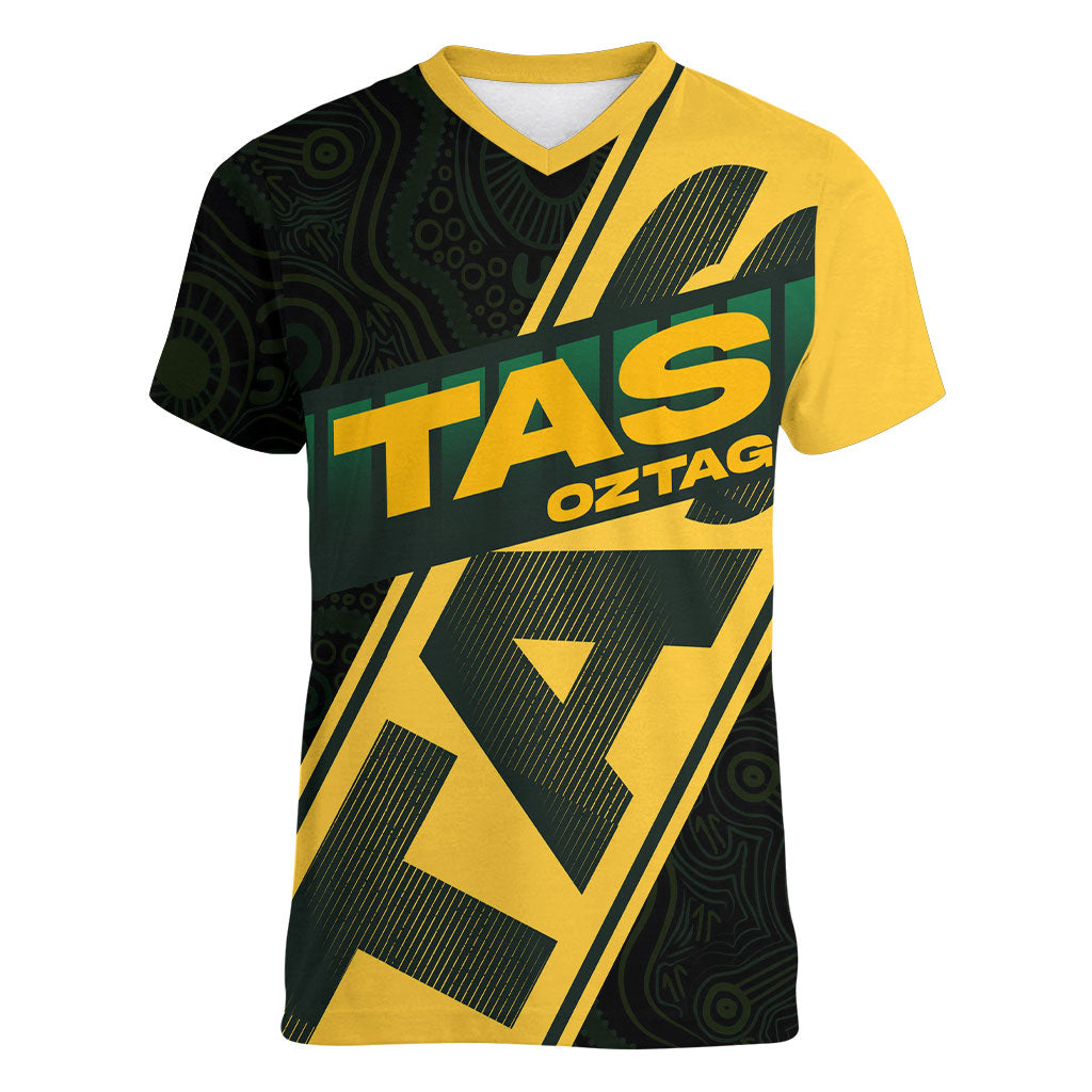 Personalised Tasmania Oztag Women V-Neck T-Shirt Black Gold Aboriginal Pattern