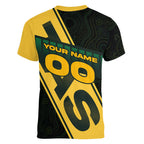 Personalised Tasmania Oztag Women V-Neck T-Shirt Black Gold Aboriginal Pattern