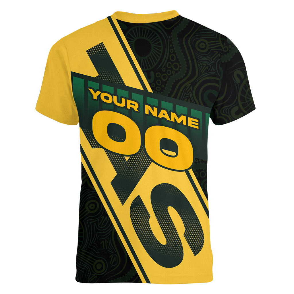 Personalised Tasmania Oztag Women V-Neck T-Shirt Black Gold Aboriginal Pattern
