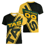 Personalised Tasmania Oztag Women V-Neck T-Shirt Black Gold Aboriginal Pattern