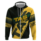 Personalised Tasmania Oztag Zip Hoodie Black Gold Aboriginal Pattern