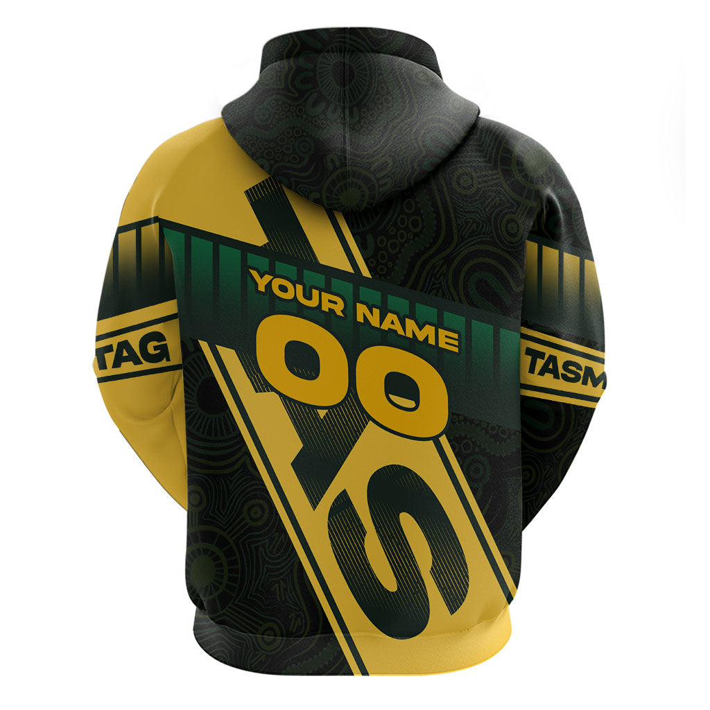 Personalised Tasmania Oztag Zip Hoodie Black Gold Aboriginal Pattern