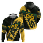 Personalised Tasmania Oztag Zip Hoodie Black Gold Aboriginal Pattern