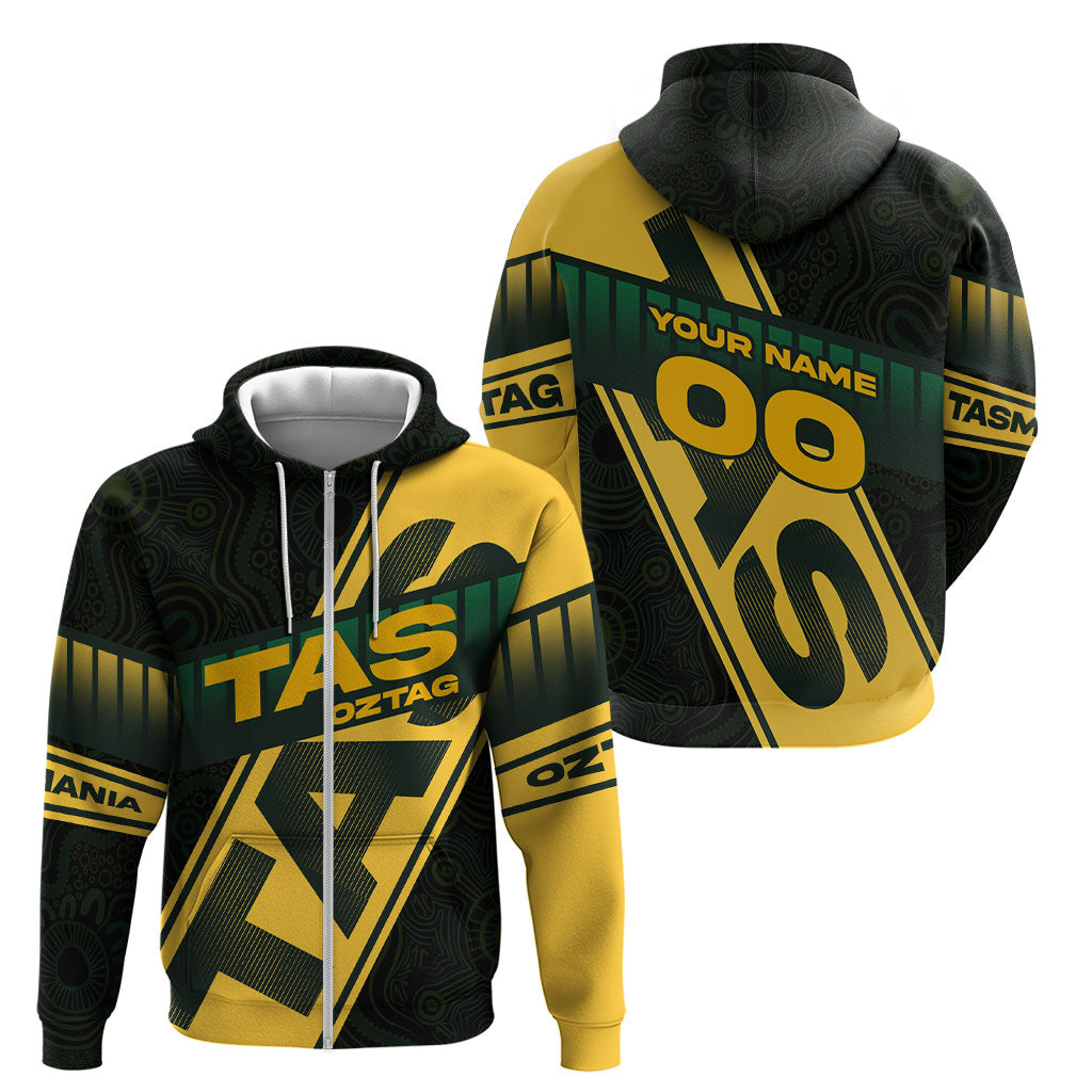 Personalised Tasmania Oztag Zip Hoodie Black Gold Aboriginal Pattern